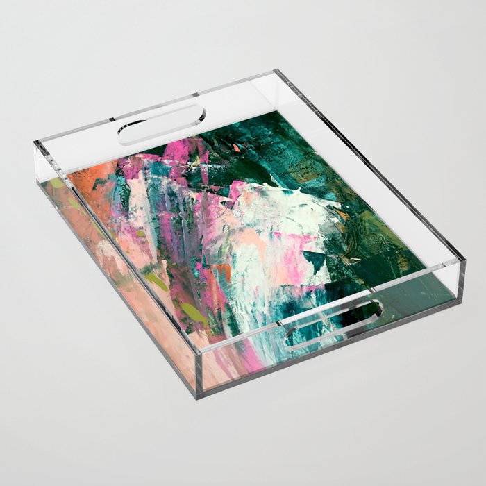 Meditate [2]: a vibrant, colorful abstract piece in bright green, teal, pink, orange, and white Acrylic Tray Gallery Image 1