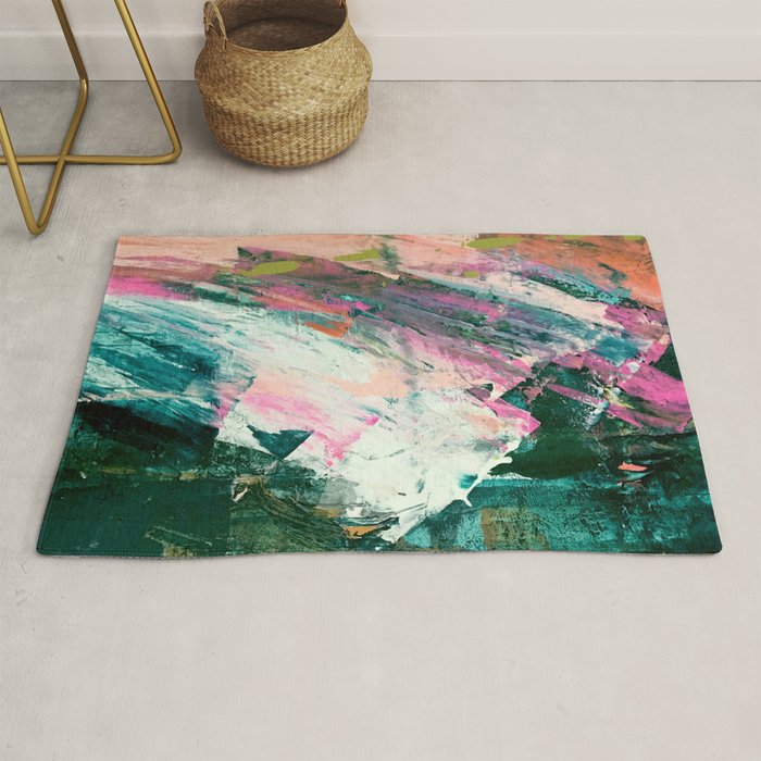 Meditate [2]: a vibrant, colorful abstract piece in bright green, teal, pink, orange, and white Rug Gallery Image 1