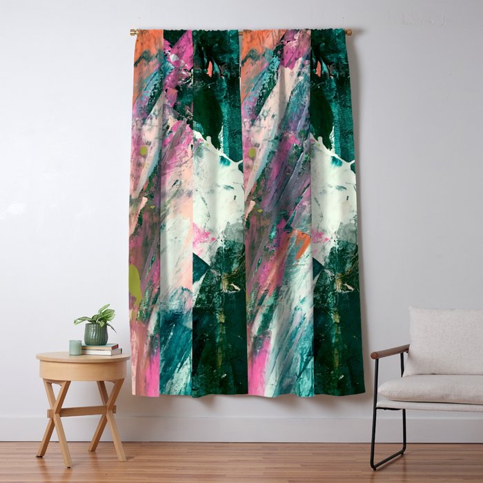 Meditate [2]: a vibrant, colorful abstract piece in bright green, teal, pink, orange, and white Window Curtain Gallery Image 1