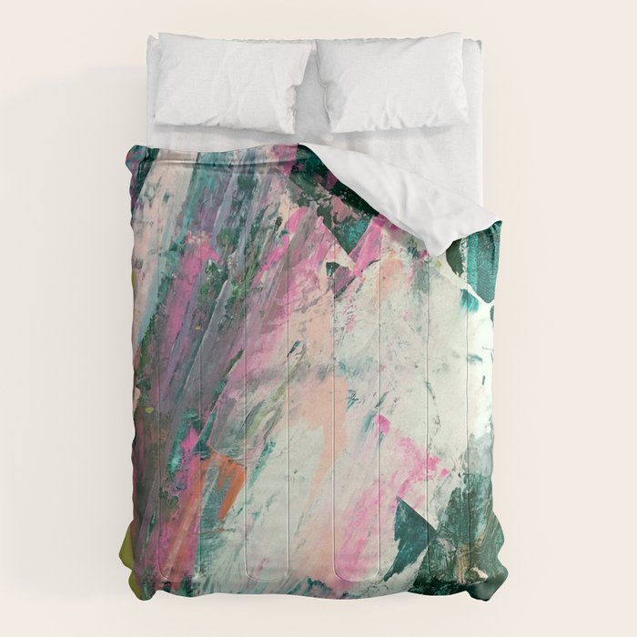 Meditate [2]: a vibrant, colorful abstract piece in bright green, teal, pink, orange, and white Comforter Gallery Image 6