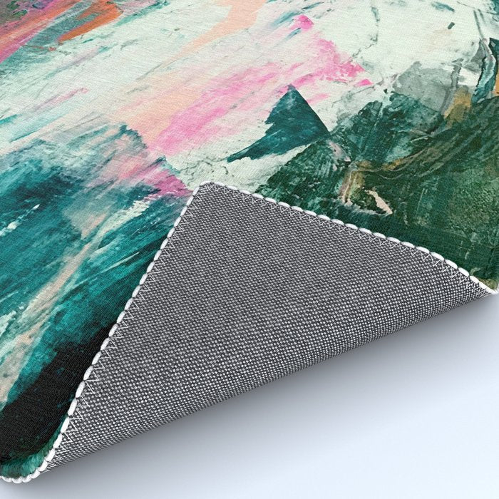 Meditate [2]: a vibrant, colorful abstract piece in bright green, teal, pink, orange, and white Rug Gallery Image 4