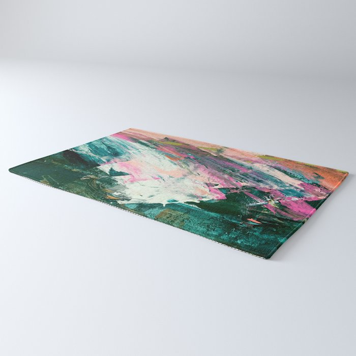 Meditate [2]: a vibrant, colorful abstract piece in bright green, teal, pink, orange, and white Rug Gallery Image 3