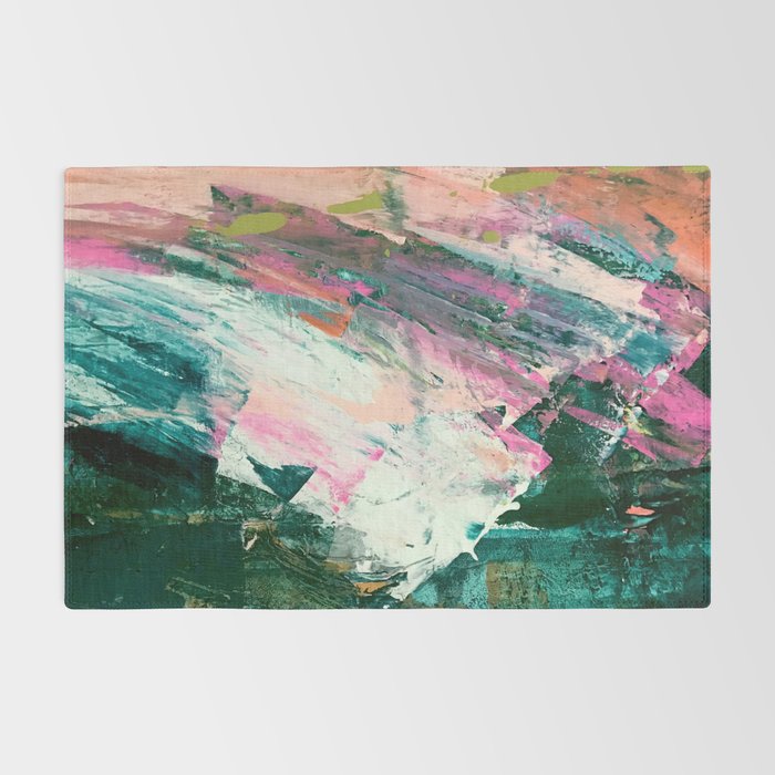Meditate [2]: a vibrant, colorful abstract piece in bright green, teal, pink, orange, and white Rug Gallery Image 2