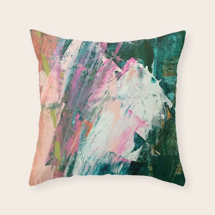 Meditate [2]: a vibrant, colorful abstract piece in bright green, teal, pink, orange, and white Throw Pillow Gallery Image 6