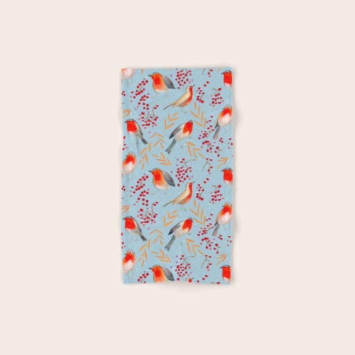 Cute red Robin birds and berries blue winter Bath Towel Gallery Image 1