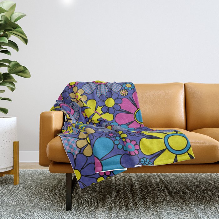 Blue Retro Garden Gingham Flowers Maximalist 60s 70s Floral Pattern Throw Blanket Gallery Image 1