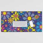 Blue Retro Garden Gingham Flowers Maximalist 60s 70s Floral Pattern Desk Mat Gallery Image 1