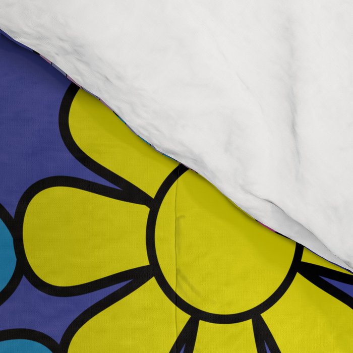 Blue Retro Garden Gingham Flowers Maximalist 60s 70s Floral Pattern Comforter Gallery Image 4