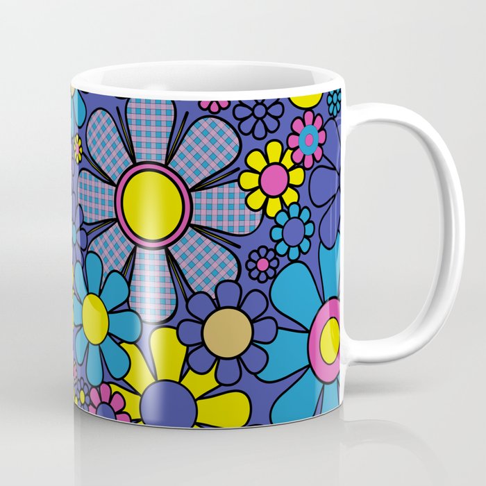 Blue Retro Garden Gingham Flowers Maximalist 60s 70s Floral Pattern Coffee Mug Gallery Image 1