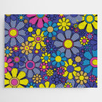 Blue Retro Garden Gingham Flowers Maximalist 60s 70s Floral Pattern Jigsaw Puzzle Gallery Image 1