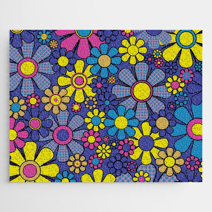 Blue Retro Garden Gingham Flowers Maximalist 60s 70s Floral Pattern Jigsaw Puzzle Gallery Image 1