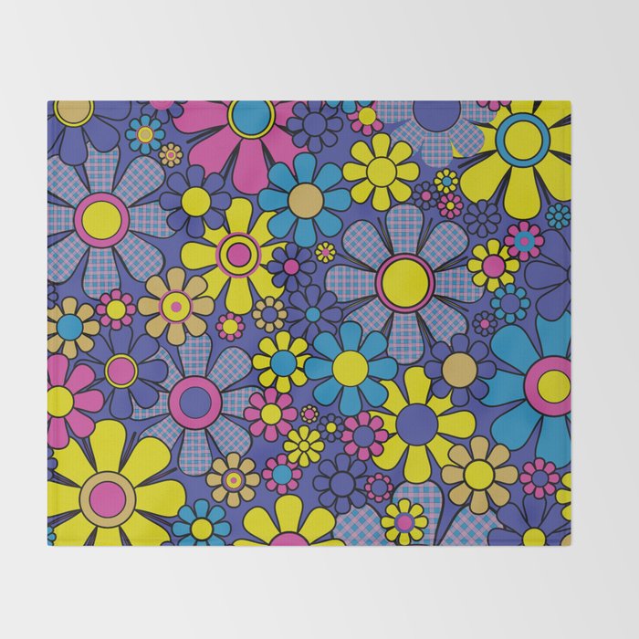 Blue Retro Garden Gingham Flowers Maximalist 60s 70s Floral Pattern Throw Blanket Gallery Image 2