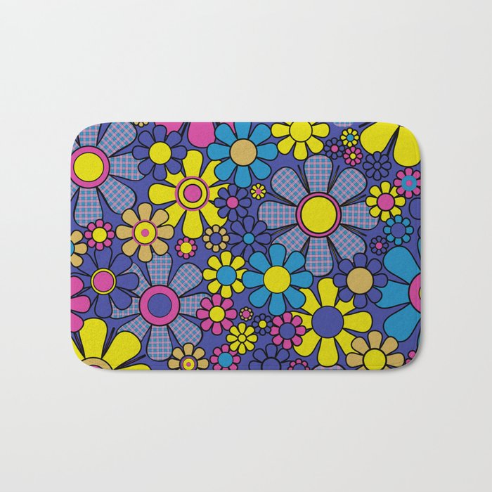 Blue Retro Garden Gingham Flowers Maximalist 60s 70s Floral Pattern Bath Mat Gallery Image 1