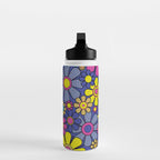 Blue Retro Garden Gingham Flowers Maximalist 60s 70s Floral Pattern Water Bottle Gallery Image 3