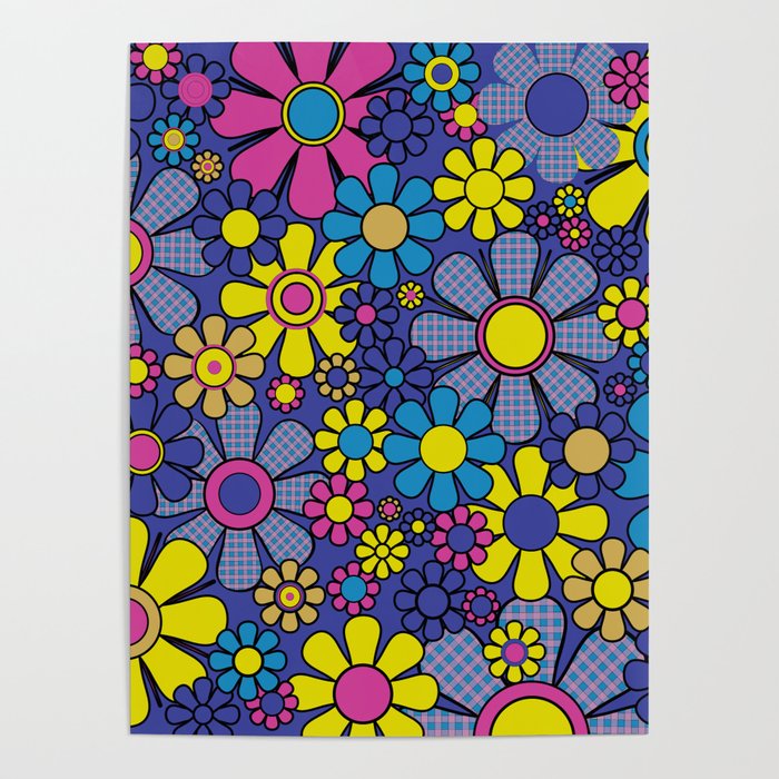 Blue Retro Garden Gingham Flowers Maximalist 60s 70s Floral Pattern Poster Gallery Image 1