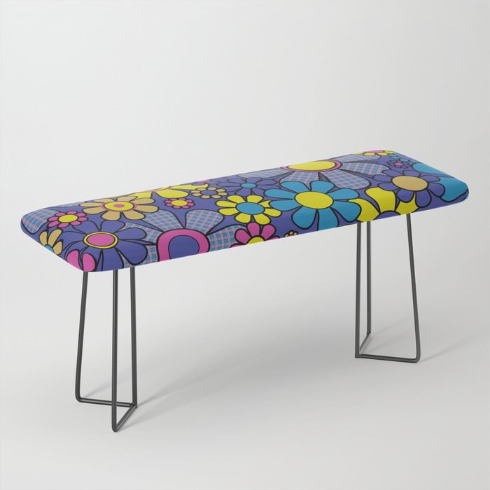 Blue Retro Garden Gingham Flowers Maximalist 60s 70s Floral Pattern Bench Gallery Image 1