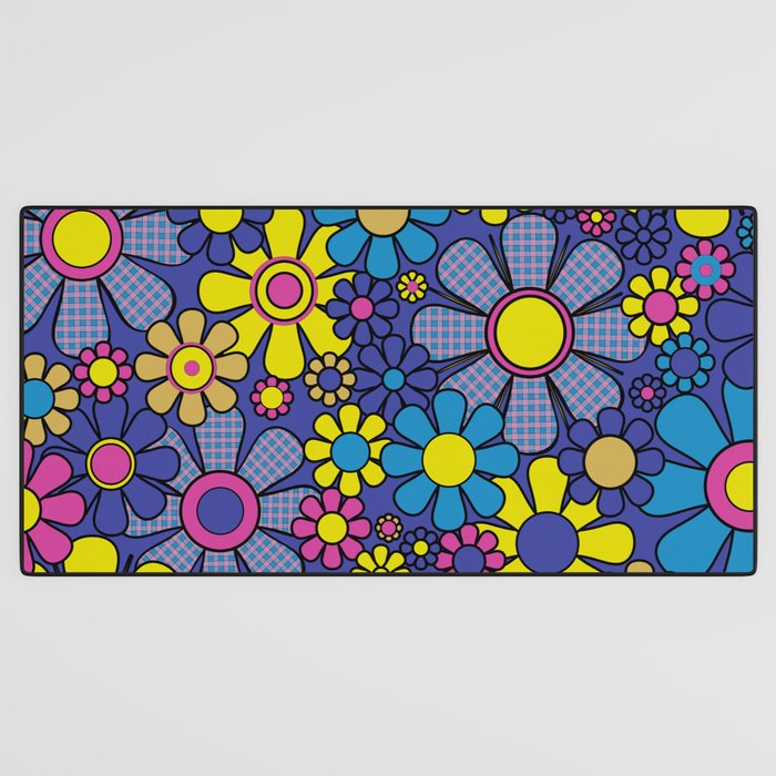 Blue Retro Garden Gingham Flowers Maximalist 60s 70s Floral Pattern Desk Mat Gallery Image 3