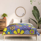 Blue Retro Garden Gingham Flowers Maximalist 60s 70s Floral Pattern Comforter Gallery Image 3