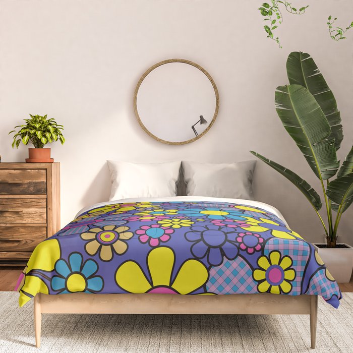 Blue Retro Garden Gingham Flowers Maximalist 60s 70s Floral Pattern Comforter Gallery Image 3