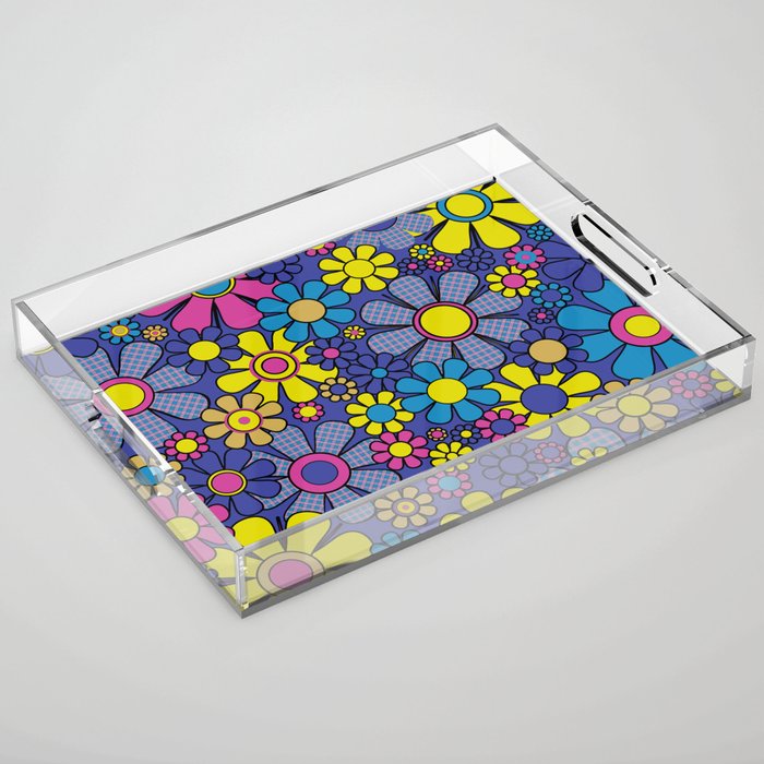 Blue Retro Garden Gingham Flowers Maximalist 60s 70s Floral Pattern Acrylic Tray Gallery Image 1