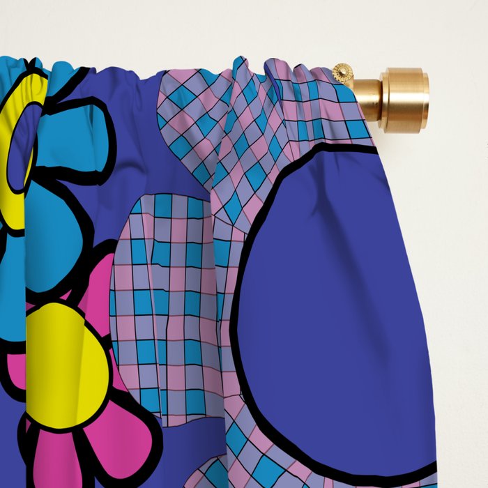 Blue Retro Garden Gingham Flowers Maximalist 60s 70s Floral Pattern Window Curtain Gallery Image 2