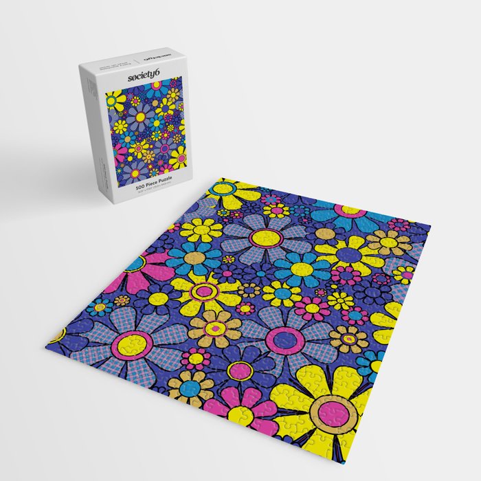 Blue Retro Garden Gingham Flowers Maximalist 60s 70s Floral Pattern Jigsaw Puzzle Gallery Image 2