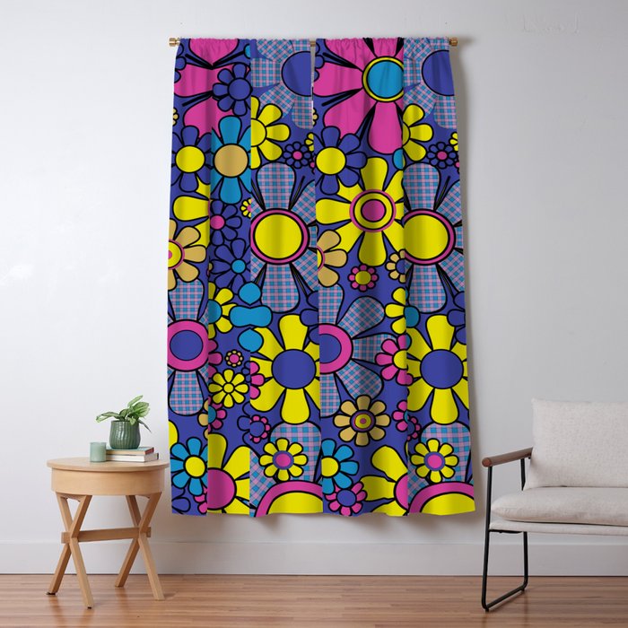 Blue Retro Garden Gingham Flowers Maximalist 60s 70s Floral Pattern Window Curtain Gallery Image 5