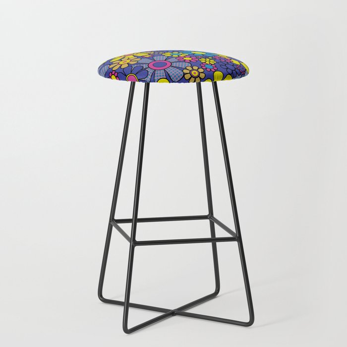 Blue Retro Garden Gingham Flowers Maximalist 60s 70s Floral Pattern Stool Gallery Image 1