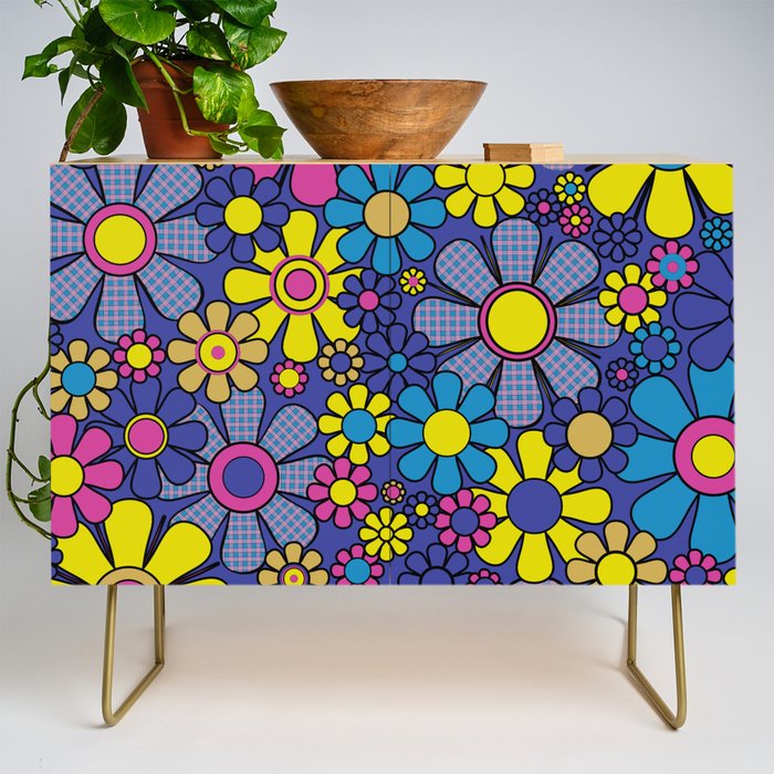 Blue Retro Garden Gingham Flowers Maximalist 60s 70s Floral Pattern Credenza Gallery Image 1