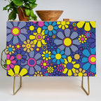 Blue Retro Garden Gingham Flowers Maximalist 60s 70s Floral Pattern Credenza Gallery Image 1
