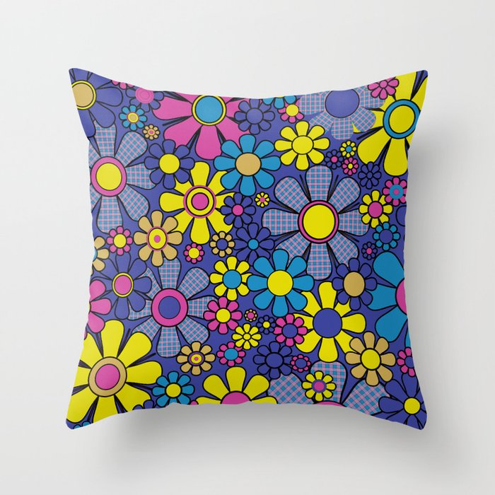 Blue Retro Garden Gingham Flowers Maximalist 60s 70s Floral Pattern Throw Pillow Gallery Image 6