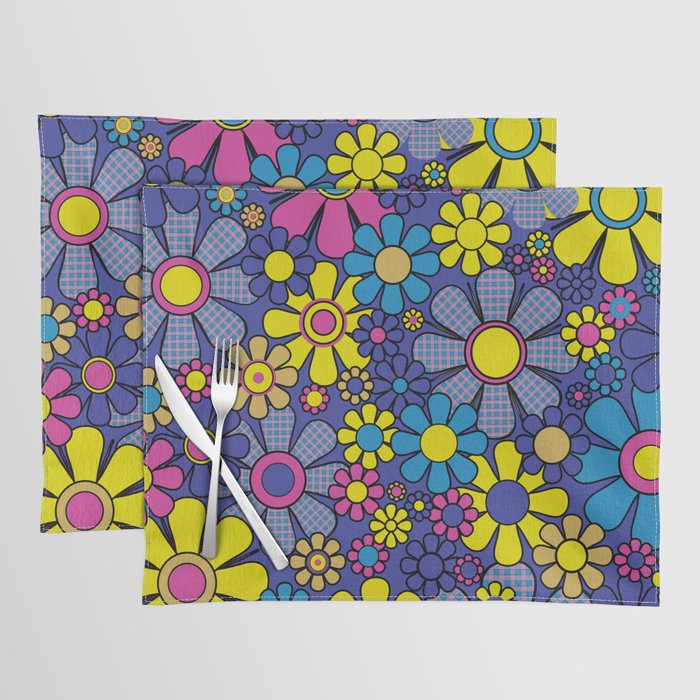 Blue Retro Garden Gingham Flowers Maximalist 60s 70s Floral Pattern Placemat Gallery Image 1