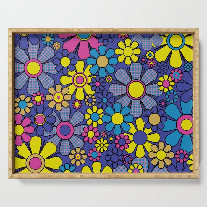 Blue Retro Garden Gingham Flowers Maximalist 60s 70s Floral Pattern Serving Tray Gallery Image 1
