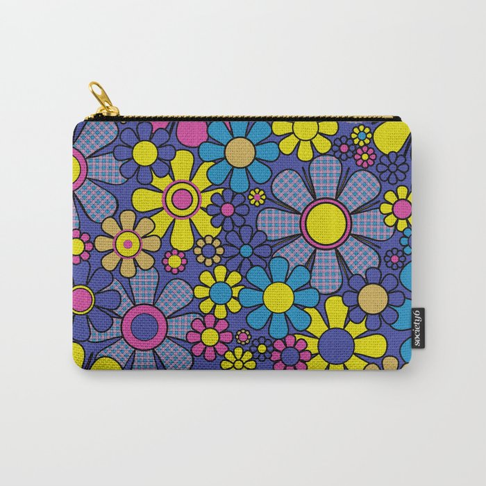 Blue Retro Garden Gingham Flowers Maximalist 60s 70s Floral Pattern Carry All Pouch Gallery Image 1