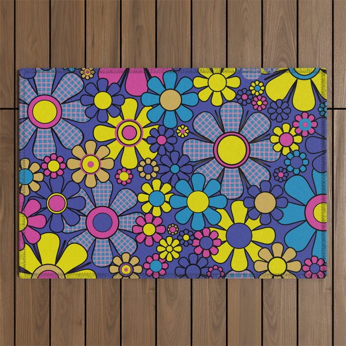 Blue Retro Garden Gingham Flowers Maximalist 60s 70s Floral Pattern Outdoor Rug Gallery Image 1