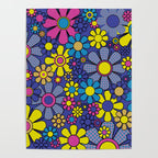 Blue Retro Garden Gingham Flowers Maximalist 60s 70s Floral Pattern Poster Gallery Image 4