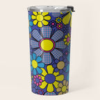 Blue Retro Garden Gingham Flowers Maximalist 60s 70s Floral Pattern Travel Mug Gallery Image 2