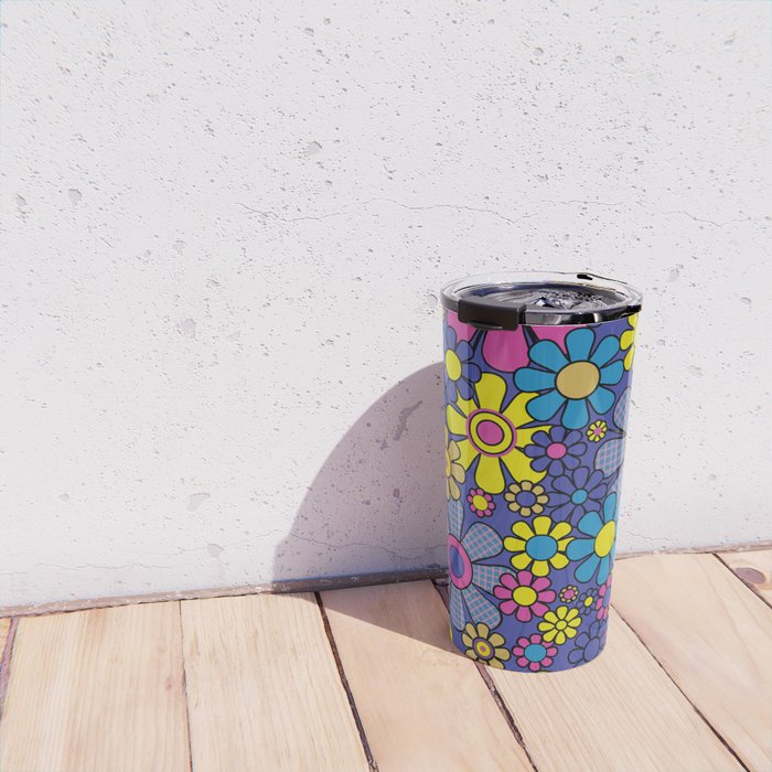 Blue Retro Garden Gingham Flowers Maximalist 60s 70s Floral Pattern Travel Mug Gallery Image 4