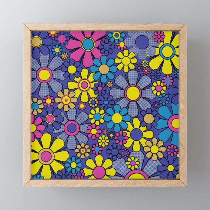 Blue Retro Garden Gingham Flowers Maximalist 60s 70s Floral Pattern Mini Art Print Gallery Image 1