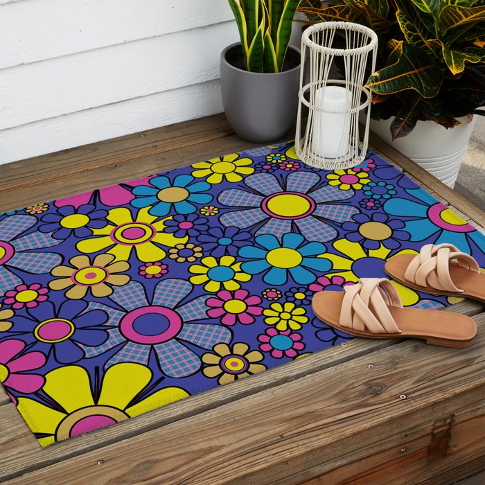 Blue Retro Garden Gingham Flowers Maximalist 60s 70s Floral Pattern Outdoor Rug Gallery Image 2
