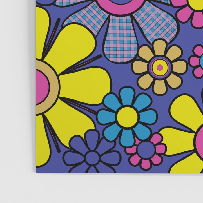Blue Retro Garden Gingham Flowers Maximalist 60s 70s Floral Pattern Poster Gallery Image 3