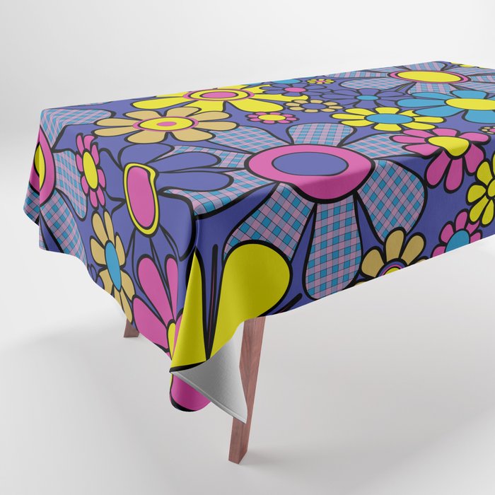 Blue Retro Garden Gingham Flowers Maximalist 60s 70s Floral Pattern Tablecloth Gallery Image 1