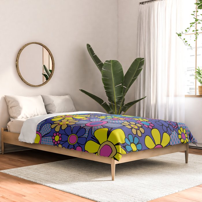 Blue Retro Garden Gingham Flowers Maximalist 60s 70s Floral Pattern Comforter Gallery Image 2