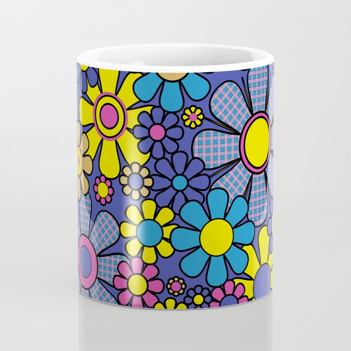 Blue Retro Garden Gingham Flowers Maximalist 60s 70s Floral Pattern Coffee Mug Gallery Image 4