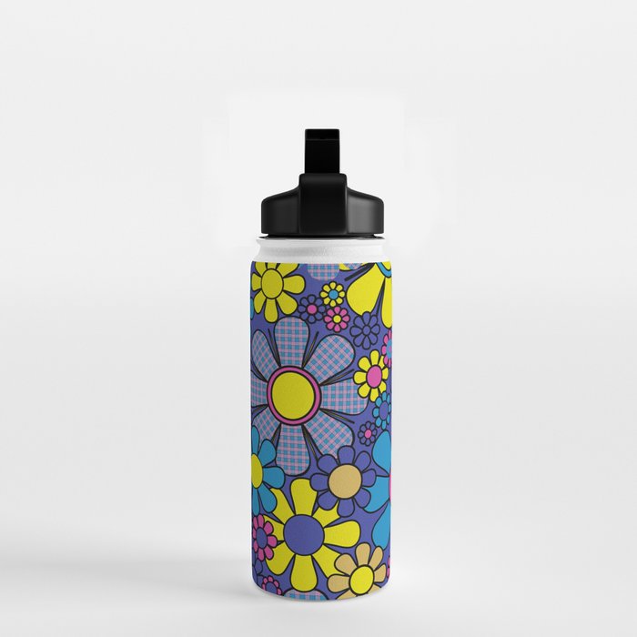 Blue Retro Garden Gingham Flowers Maximalist 60s 70s Floral Pattern Water Bottle Gallery Image 2