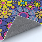 Blue Retro Garden Gingham Flowers Maximalist 60s 70s Floral Pattern Rug Gallery Image 4