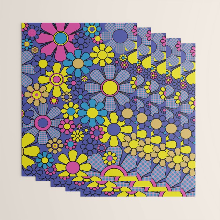 Blue Retro Garden Gingham Flowers Maximalist 60s 70s Floral Pattern Wrapping Paper Gallery Image 3