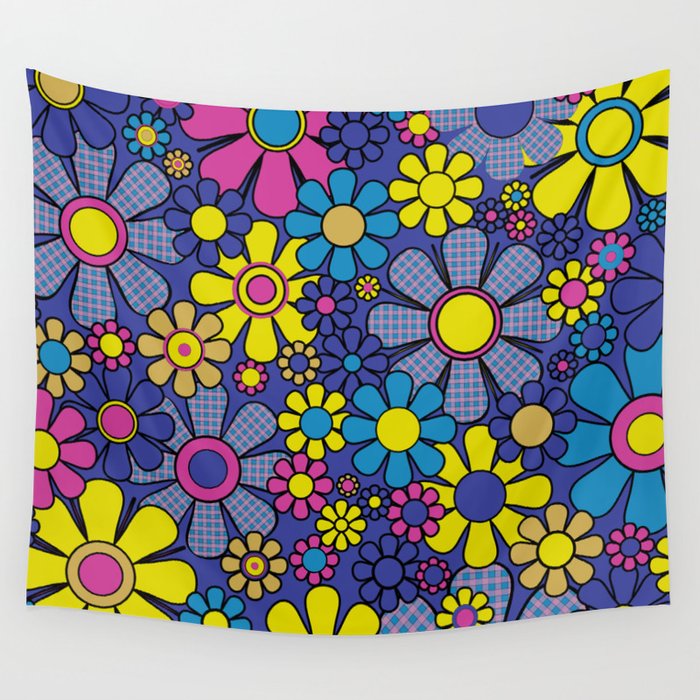 Blue Retro Garden Gingham Flowers Maximalist 60s 70s Floral Pattern Wall Tapestry Gallery Image 4