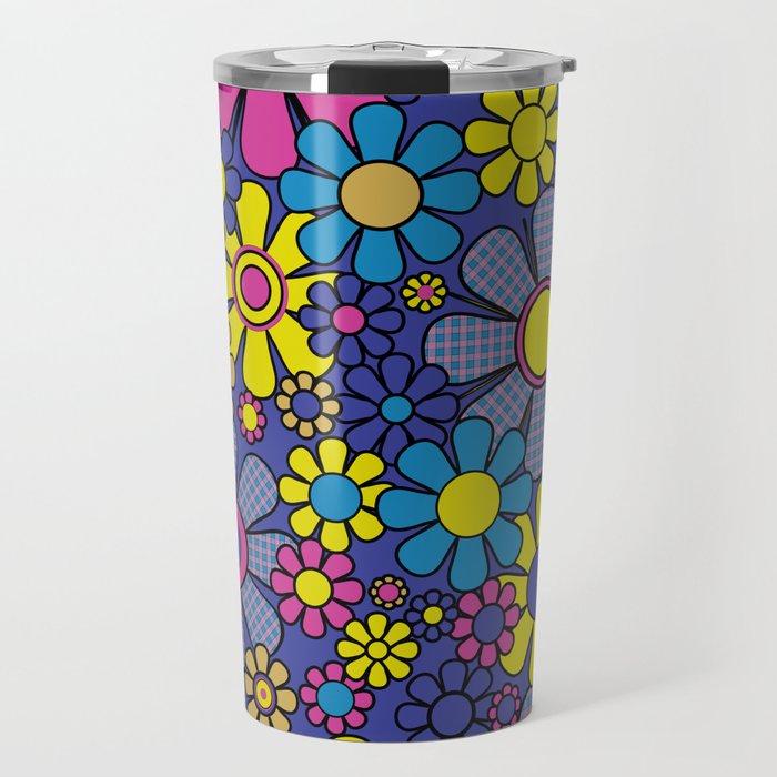 Blue Retro Garden Gingham Flowers Maximalist 60s 70s Floral Pattern Travel Mug Gallery Image 1