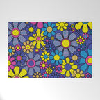 Blue Retro Garden Gingham Flowers Maximalist 60s 70s Floral Pattern Welcome Mat Gallery Image 1